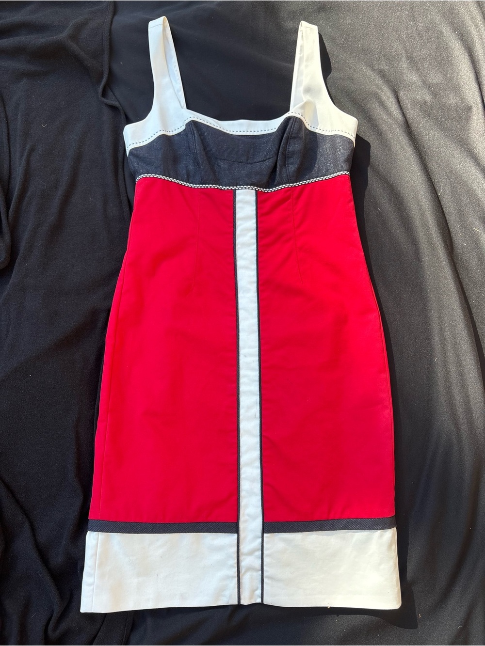 Vintage Badgley Mischka Red, White Blue-Black Colorblock Dress